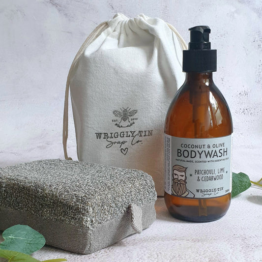 PATCHOULI, LIME & CEDARWOOD BODYWASH SET - with charcoal bamboo sponge, in a cotton bag