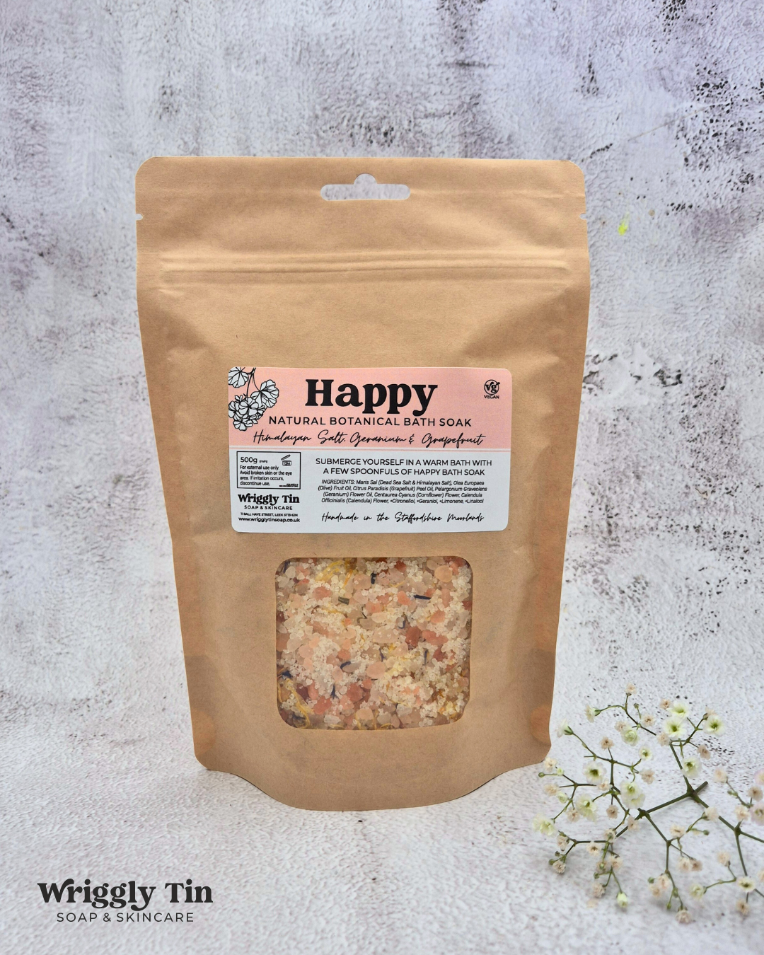 HAPPY BOTANICAL BATH SOAK - with Himalayan pink salt, geranium & grapefruit